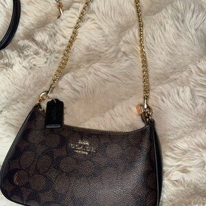 Coach Black and Brown Shoulder Bag with Gold Chain